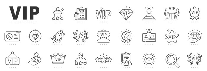 Set of VIP related line icons. Important, badge, member, club, card etc. Editable stroke