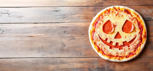 Halloween-themed pizza with pepperoni and cheese in the shape of a jack-o'-lantern on a wooden...