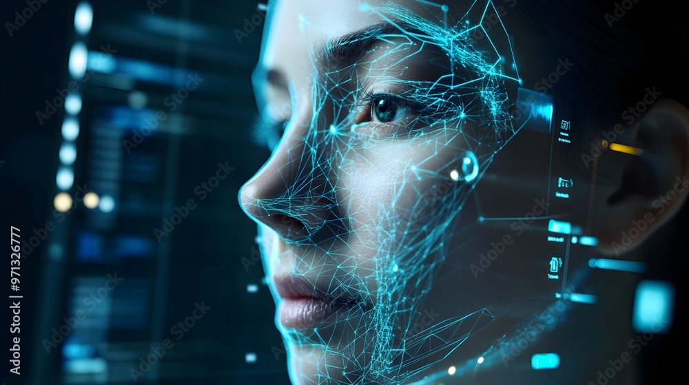 Poster a digital interface displaying a futuristic,abstract visualization of technological systems,data,and
