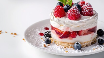 A delicious dessert is placed on a clean and pure white background. The dessert might have a rich and creamy texture. It could be a slice of cake with multiple layers or a decadent pastry. 