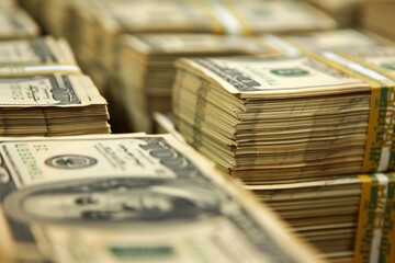 stacks of hundred-dollar bills neatly arranged on a table