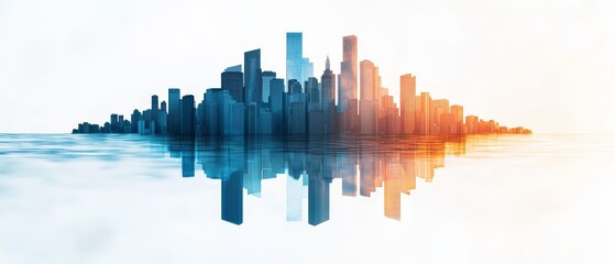 Fototapeta premium An urban skyline combined with flowing water, depicting buildings with integrated water conservation systems, emphasizing sustainability, ethereal blending