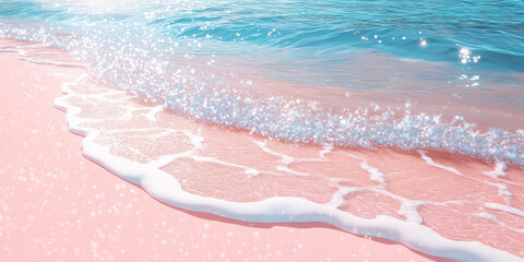Fototapeta premium Shining sunny coastline with pink sand and texture of crystal clear sea water, foam and waves. Summer background with copy space