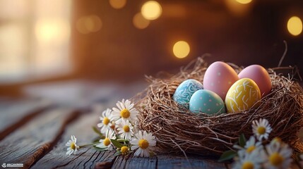 Obraz premium Easter eggs in a nest with flowers