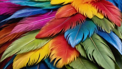 Obraz premium A vibrant array of colorful feathers arranged in a visually striking pattern.