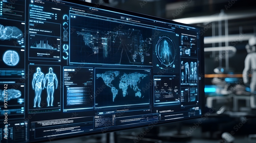 Poster a futuristic digital twin dashboard displaying complex data analytics,statistics,and global informat