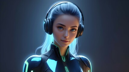 young woman in elegant virtual reality gear against blue backdrop
