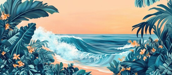 A coastal scene features waves crashing against a beach adorned with lush vegetation in the foreground creating a stunning natural frame