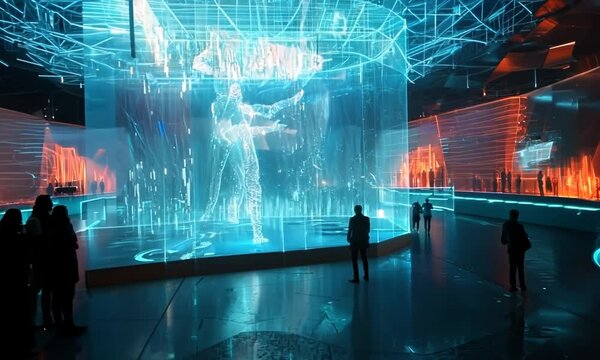 High-tech concert venue with holographic performers, hyperrealistic Video