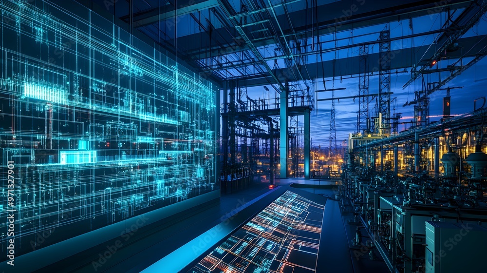 Poster a photograph of a digital twin display system showcasing the futuristic visualization and analytics 