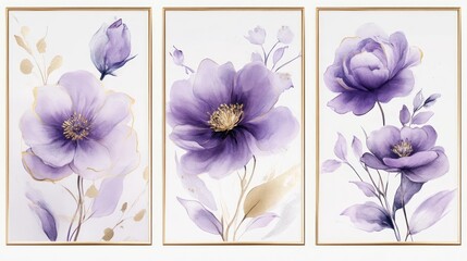 Set of three Abstract Purple Flower Posters in Gold Frames on white background.