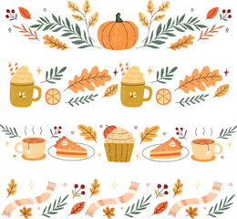 Hand Drawn Fall Autumn Dividers Featuring Pumpkin Spice Drinks Pumpkin Leaves and Cozy Scarves for Seasonal Decoration