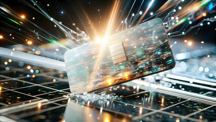 Dynamic Glowing Abstract Credit Card in Vibrant Digital Space - Futuristic Financial Freedom Art with Holographic Effects