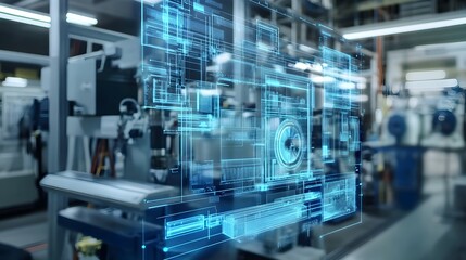 Naklejka premium A digital twin technology interface showcasing the futuristic capabilities of simulating,visualizing,and optimizing smart city infrastructure,industrial processes.