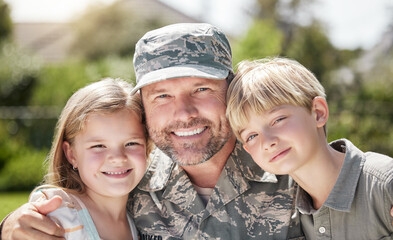 Portrait, soldier and love of children, nature and bonding with dad, reunion or return from military. Family, uniform and person with kids, outdoor and care of veteran, youth and man with hug or army