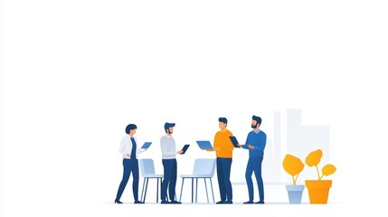 Quality assurance team discussing product standards, flat design illustration