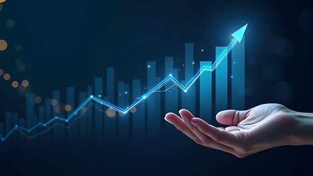 Hand holding a glowing upward arrow, symbolizing growth and success in business and finance. Ideal for corporate, motivational, and analytics themes.