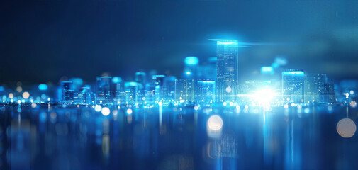 Obraz premium Architect designing futuristic buildings with holograms, Scifi, Blue tones, Digital sketch, Urban landscape