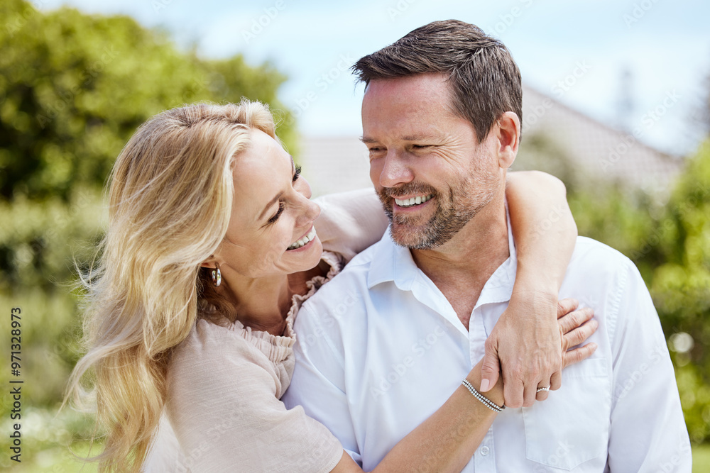 Wall mural Smile, hug and couple in nature for love, care and support together on holiday. Happy, man and woman embrace outdoor for romance, marriage and bonding for connection or healthy relationship on date