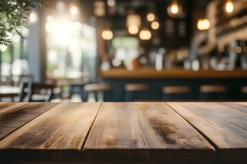 Empty wood table with blur interior coffee shop restaurant or cafe for background