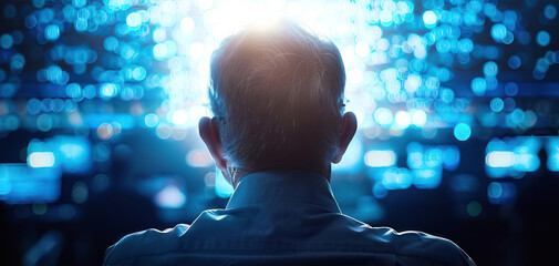 Financial expert interpreting complex algorithms on a holographic screen, Technofuturistic, Cool tones, Digital sketch, Detailed finance hub