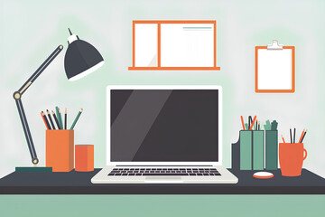 A minimalistic workspace featuring a laptop, stationery, and a lamp.