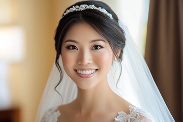 Bride smiling on her wedding day with a tiara and veil.