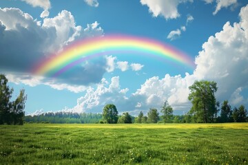 vibrant rainbow arching across a blue sky © jessica