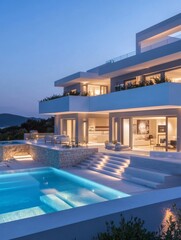 Fototapeta premium Luxury villa with stylish stair lighting and a tranquil outdoor seating area at dusk