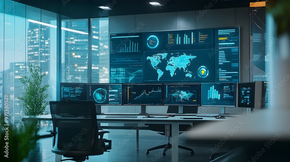 Poster a photograph of a modern corporate office workspace with an advanced data analytics and visualizatio