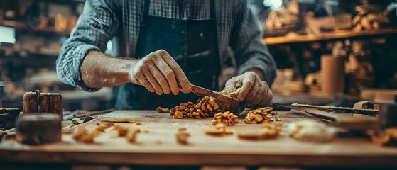 Artisan Meticulously Crafting With Attention to Detail in Woodworking Workshop Visualizing the Meticulous Care Taken in Every Step of the Crafting Process with Copy Space for Text