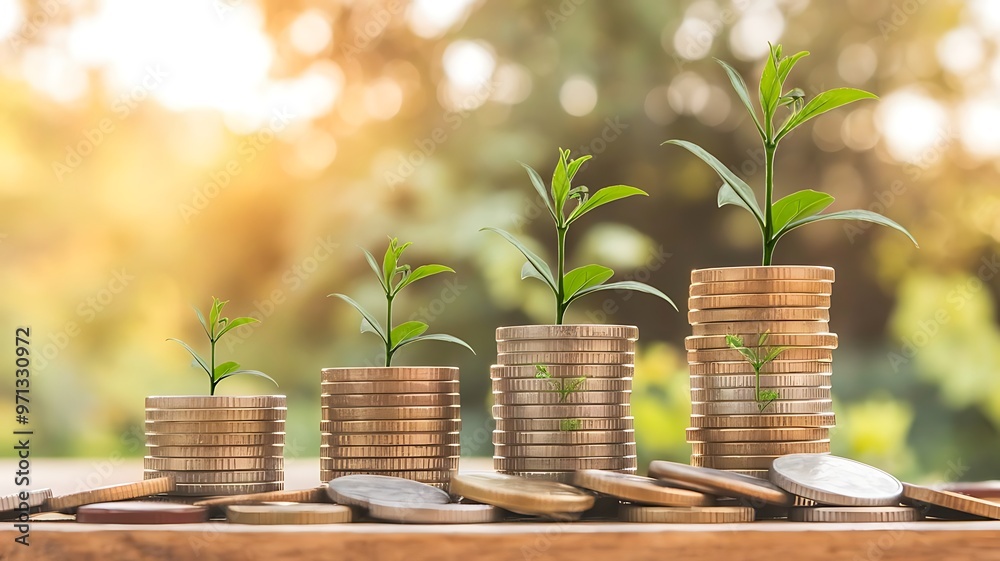 Canvas Prints Stacks of coins with young green plants growing, symbolizing investment and sustainable growth. Perfect for themes related to finance, ecology, and development.