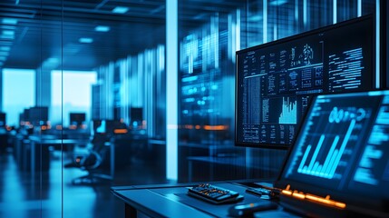 Naklejka premium A sleek,futuristic AI-driven analytics and trading dashboard with data market charts,and financial information displayed on large screens in a high-tech corporate workspace.