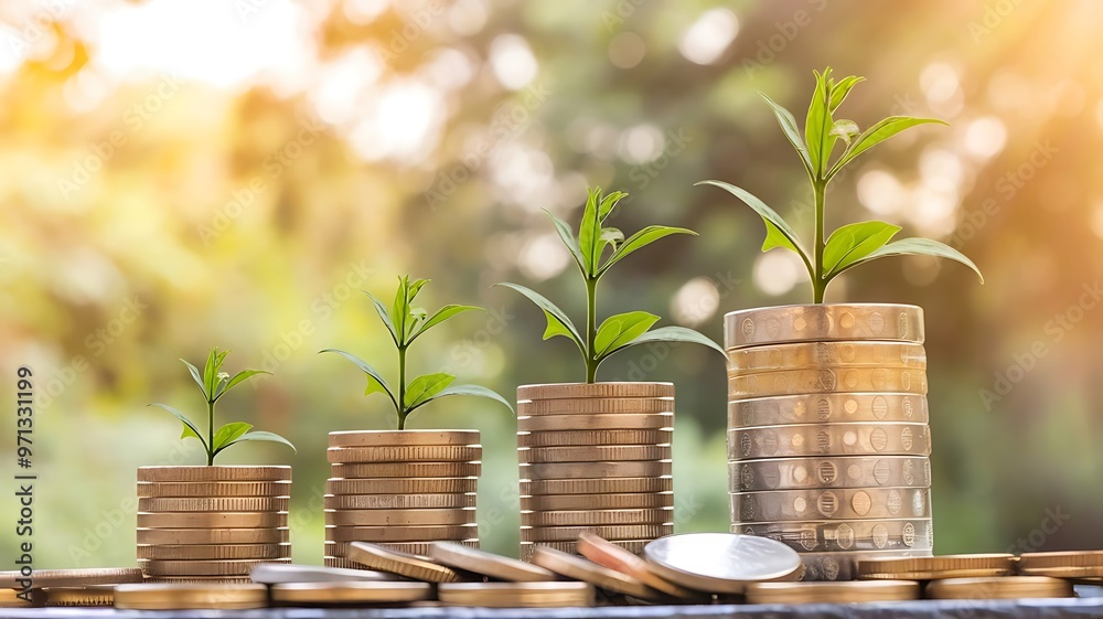 Canvas Prints Stacks of coins with young green plants growing, symbolizing investment and sustainable growth. Perfect for themes related to finance, ecology, and development.