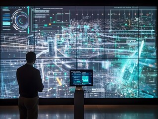 A detailed visualization of a futuristic smart city virtual twin showcasing a cutting-edge digital dashboard with holographic displays,real-time data analytics.