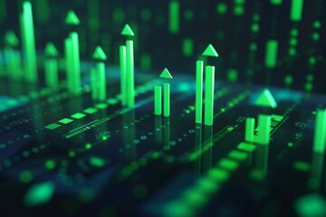 digital screen displaying a financial growth chart, with rising bars and upward arrows in green