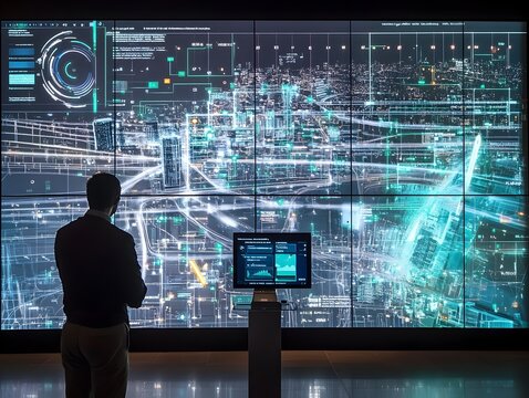 A detailed visualization of a futuristic smart city virtual twin showcasing a cutting-edge digital dashboard with holographic displays,real-time data analytics. - Powered by Adobe