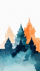 Watercolor illustration of ancient temples blending colors, creating a serene ambiance for art and travel enthusiasts.