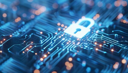 Fototapeta premium Digital Security, A glowing network of circuits forms the backdrop for a prominent padlock symbolizing cybersecurity and data protection in a technological landscape.