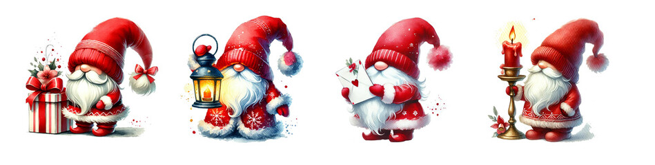 Merry Christmas gnomes, in a red hat, watercolor clipart illustration isolated on white background