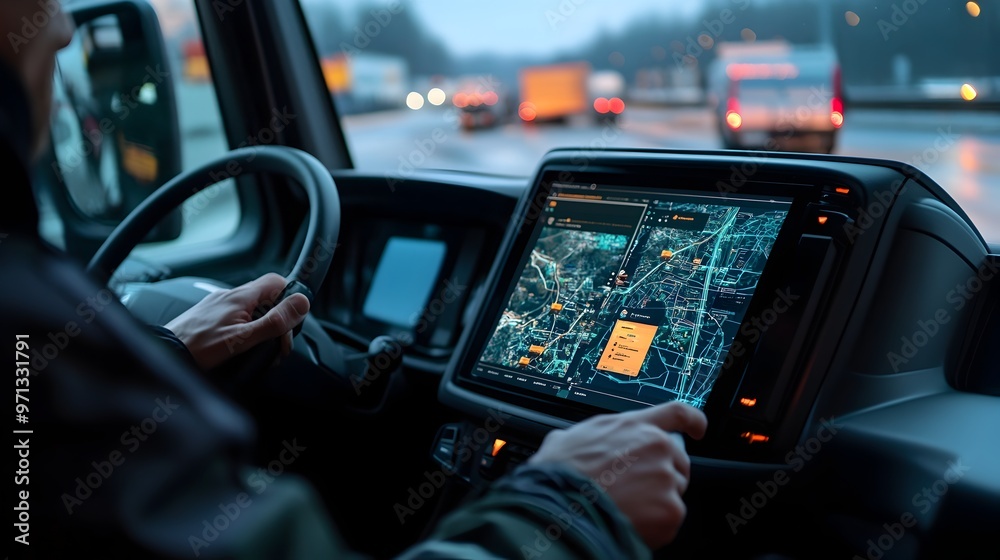 Poster virtual dashboard interface displaying real-time traffic and navigation data on a cityscape with car