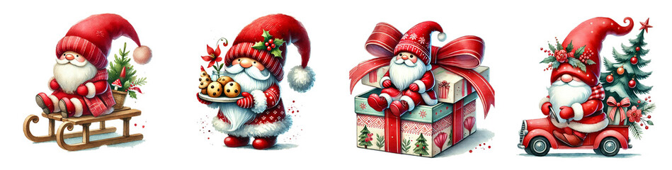 Merry Christmas gnomes, in a red hat, watercolor clipart illustration isolated on white background