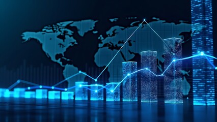 A sleek and modern financial background featuring a blue graph with upward trends and bar charts against a dark world map. Ideal for presentations, business reports, or financial analyses.