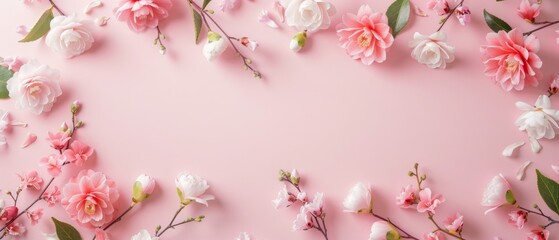 Obraz premium Delicate floral arrangement, soft pink background, vibrant blooms in shades of pink and white, evoking a sense of springtime beauty and tranquility.