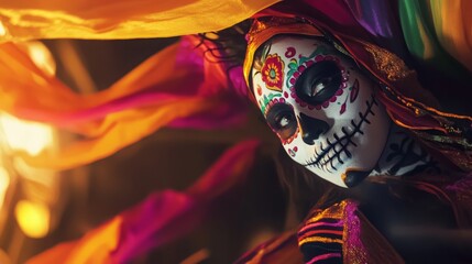 Fototapeta premium Colorful dia de los muertos celebration with traditional sugar skull makeup