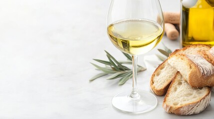 Glass of white wine on a marble countertop with artisanal bread and olive oil, Wine White Pairing, Simple and Refined