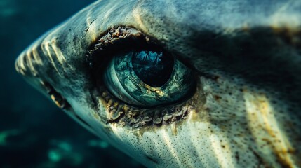 Close-up of a shark's eye with a reflection of the underwater world.