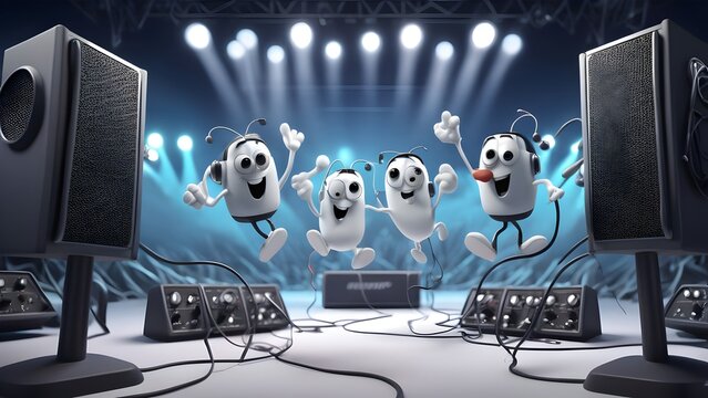 In the background, some mini mics could be jumping off of giant amplifiers like they&rsquo;re stage diving, with their wires trailing behind them in midair, frozen in silly, dramatic poses.