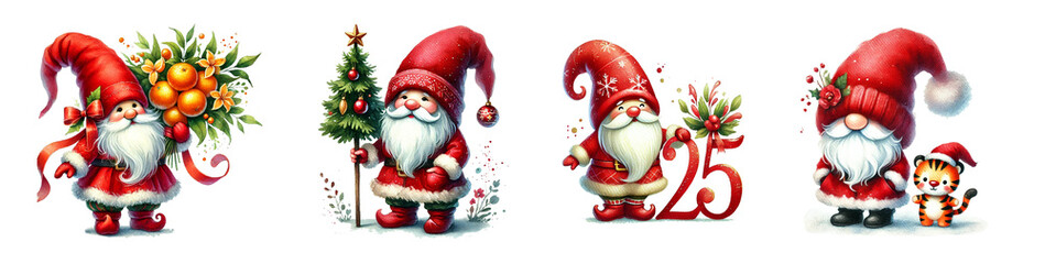 Merry Christmas gnomes, in a red hat, watercolor clipart illustration isolated on white background