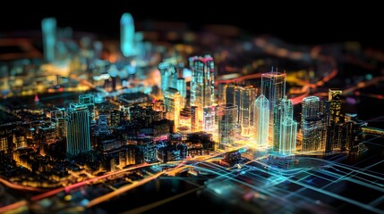 Breathtaking night scene of a futuristic,densely-populated metropolis with towering skyscrapers,illuminated by a vibrant array of neon lights and digital displays.